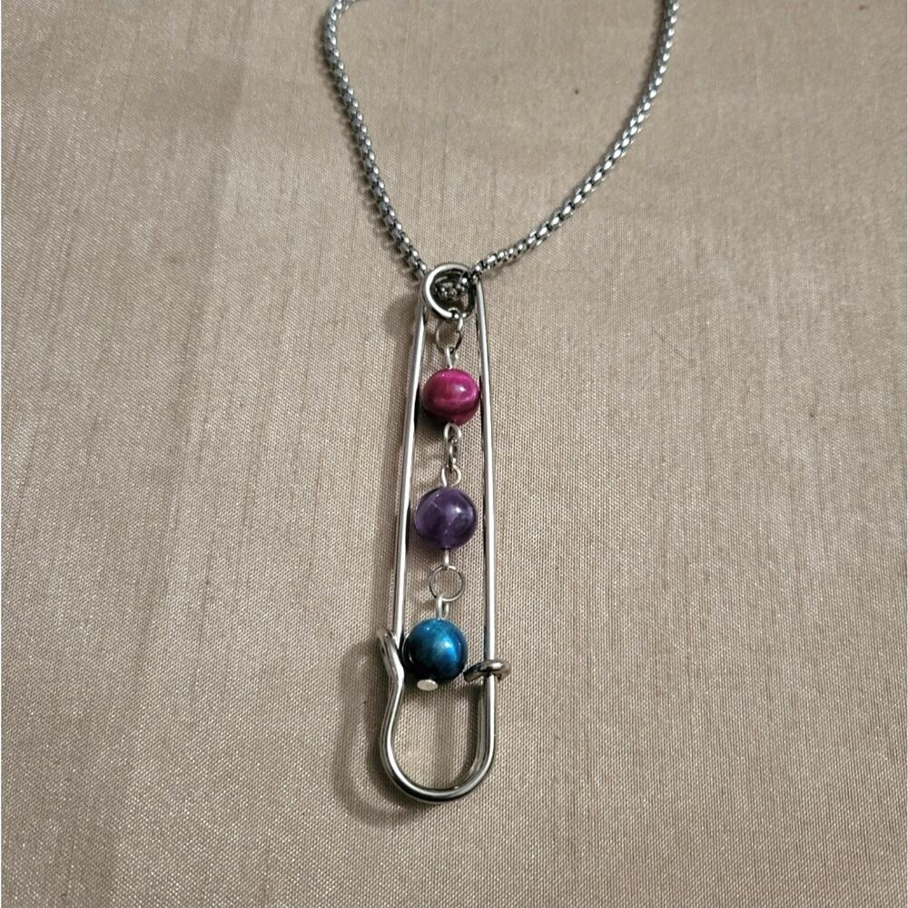 Safety pin bi pride flag beaded necklace, blue & pink tiger's eye with amethyst
